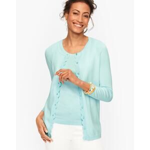 Talbots Charming Cardigan Light Aqua Blue Scallop Trim Long Sleeve